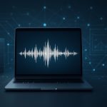 A laptop displaying a sound wave graphic against a dark digital background.