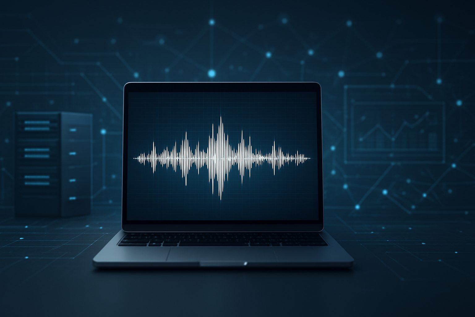 A laptop displaying a sound wave graphic against a dark digital background.